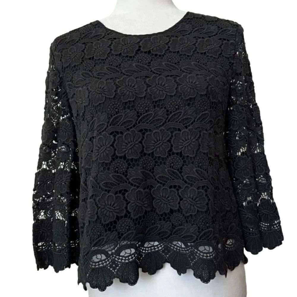 Rebecca Minkoff Black Lace Shirt Cotton Bell Sleeves SZ S
